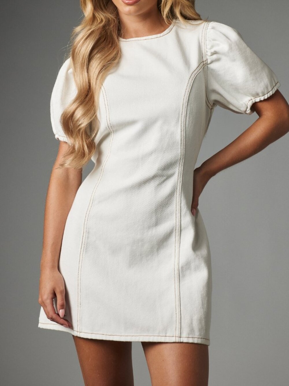 White Casual Women's Denim Mini Dress with Puff Sleeves